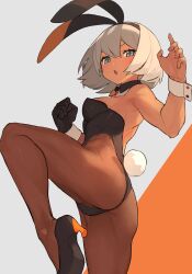 bare_arms bare_back bare_shoulders bea_(pokemon) black_bunny_ears black_gloves black_high_heels bow_tie bowtie brown_leggings brown_skin bunny_ears bunny_girl bunny_tail bunnygirl bunnysuit chorefuji cuffs cuffs_(clothing) glove gray_eyes gray_hair high_heels leggings one_glove orange_highlights pokemon pokemon_ss short_hair