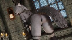 3d 3d_(artwork) anthro antlers anus ass ass_focus asshole bandage black_anus black_fur black_pussy bloodborne female fluffy fluffy_tail fromsoftware fur furry grey_fur grey_hair hidden_breasts hidden_face holding_knees legend0fjan long_tail monster monster_girl open_mouth pussy showing_ass skyrim solo sony_corporation tail the_elder_scrolls thighs vicar_amelia white_fur wolf