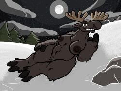 anthro antlers belly big_breasts breasts brown_body brown_fur deer female full_moon fur genitals hi_res horn inviting lying mammal moon moose new_world_deer nipples nude on_side outside plant slightly_chubby snow solo tree trout_(artist)