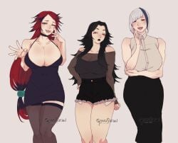 3girls absol black_hair black_highlights black_lipstick blue_eyes blue_highlights cleavage dress fangs female female_only gyarusatan highlights_(coloring) highres human humanized large_breasts long_hair looking_at_viewer mightyena milf nintendo open_mouth pokemon pokemon_(species) red_eyes red_hair shorts simple_background smiling smiling_at_viewer thick_thighs thighhighs tied_hair unamused watermark white_hair wink winking_at_viewer zoroark