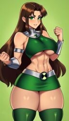 ai_generated ben_10 ben_tennyson benfire big_breasts crop_top dc female_ben rule_63 skirt starfire teen_titans thick_thighs thighhighs transformation