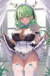 1girls archinoer branch_horns breasts ceres_fauna cleavage female green_hair hi_res hololive hololive_english hololive_english_-council- hololive_english_-promise- horns huge_breasts indoors light-skinned_female light_skin long_hair maid maid_headdress maid_outfit naughty_face smile virtual_youtuber yellow_eyes