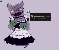 1monster ambiguous_gender anthro artist_request big_blue_bubble blush blush_lines clothed constricted_pupils english_text fang fangs felid feline ghazkin ghazt ghost gradient_body looking_at_viewer maid_outfit monster my_singing_monsters nervous no_humans non-human non-human_only open_mouth purple_background purple_body red_tongue request simple_background skin_fangs skull solo sweatdrop text uneven_eyes yellow_eyes yellow_sclera