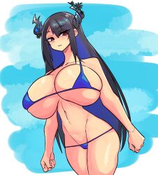 1girls 2023 big_breasts bikini black_hair blue_hair female female_only hi_res hololive hololive_english hololive_english_-advent- horns konaloid light_blush long_hair looking_at_viewer mole mole_under_eye nerissa_ravencroft red_eyes slit_pupils solo two_tone_hair unamused virtual_youtuber