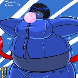 1girls belly_expansion belt belt_pop big_belly big_breasts black_hair blue_body blue_clothing blue_eyes blue_skin blueberry_inflation body_inflation breast_expansion bubble_gum button_down_shirt buttons female_only inflation navel red_belt short_hair snowchanda_(artist) suki_(snowchanda) tagme violet_beauregarde_(cosplay) willy_wonka_and_the_chocolate_factory