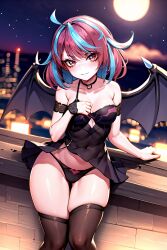 1girls ai_generated blue_hair emikukis female looking_at_viewer moon multicolored_hair outside owozu red_eyes red_hair streaked_hair succubus tagme virtual_youtuber vtuber wings