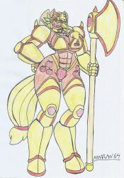 anthro applejack_(mlp) axe battle_axe big_breasts big_hips bikini_armor blonde_hair cowgirl_hat female_knight female_only female_warrior furry green_eyes marlon64 muscular_female my_little_pony my_little_pony_friendship_is_magic ponygirl traditional_media_(artwork)