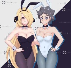 bare_arms bare_shoulders black_bunny_ears black_bunnysuit black_leggings blonde_hair bow_tie bowtie bunny_ears bunny_girl bunny_tail bunnygirl bunnysuit cleavage cuffs cuffs_(clothing) cynthia_(pokemon) diantha_(pokemon) eyeshadow gray_eyes gray_hair gray_leggings leggings long_hair looking_at_viewer nail_polish pink_eyeshadow pink_nail_polish pink_nails pokemon pokemon_dppt pokemon_xy purple_eyeshadow purple_nail_polish purple_nails short_hair thick_thighs white_bunnysuit