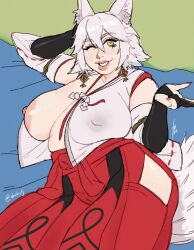 1girls amber_eyes areolae breast_out breasts chubby chubby_female clothing danhelj earrings female female_only fox_ears genshin_impact kitsune kitsune_saiguu light-skinned_female light_skin looking_at_viewer nipples smiling smiling_at_viewer solo white_hair wink winking_at_viewer