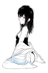 ass barefoot black_hair blue_eyes blush blush female female_only full_body genderswap_(mtf) gintama hijikata_toshiro lingerie long_hair looking_at_viewer looking_back mame_(pixiv) restricted_palette rule_63 short_hair sideboob sitting small_breasts solo tank_top thong wariza wearing_others_clothes