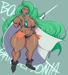 1girls abs big_breasts bikini blackwashed boa_sandersonia boots breasts cloak dark-skinned_female dark_skin female female_only green_eyes green_hair human looking_at_viewer muscular muscular_female one_piece solo thick_thighs thunder_thighs wide_hips xytora