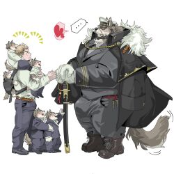 absurd_res anthro beard big_bulge big_muscles big_pecs black_hair blonde_hair blush boots bottomwear brown_body brown_fur bulge canid canine canis carrying carrying_another chan_kiti_chan_(artist) clothing eye_contact facial_hair facial_scar family father_(lore) father_and_child_(lore) father_and_son_(lore) footwear fur group hair hi_res human human_on_anthro interspecies larger_anthro larger_male looking_at_another male male/male mammal melee_weapon military military_uniform multicolored_body multicolored_fur muscular muscular_anthro muscular_male pants parent_(lore) parent_and_child_(lore) parent_and_son_(lore) pecs piggyback romantic romantic_couple scar size_difference smaller_human smaller_male son_(lore) sword uniform weapon white_body white_fur wolf