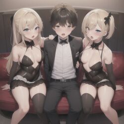 1boy 2girls 2girls1boy ai_generated blonde_hair brown_hair clubbing long_hair original prostitute short_hair shy_male small_breasts tagme twins uniform user_lovespike