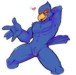 abs andromorph anthro avian beak bird blue_body blue_feathers cuntboy falco_lombardi feathers genderswap genderswap_(mti) genitals hand_behind_head hi_res humanoid_genitalia humanoid_penis intersex leaning leaning_back muscular muscular_andromorph muscular_anthro muscular_intersex narrowed_eyes nintendo penis pussy rule_63 shenaniganzaa simple_background sitting solo star_fox tail_feathers white_background