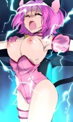 absurdres animal_ears armpits attacked bell big_breasts bondage bouncing_breasts bound bound_arms bow breasts breasts_out bust_down cat_ears cat_tail choker closed_eyes crying_in_pain defeated_heroine detached_sleeves dress_down electricity electrocution electrostimulation exposed_breasts female full_breasts highres ichigo_momomiya imminent_defeat leg_garter leotard light-skinned_female light_skin lightning magical_girl medium_breasts momomiya_ichigo nipples oimanji open_mouth pale-skinned_female pale_skin pink_choker pink_hair pink_nipples puffy_detached_sleeves puffy_sleeves restrained screaming screaming_in_agony screaming_in_pain short_hair solo spread_arms stationary_restraints suffering supple_breasts t-pose tail tail_bell tail_bow tail_ornament tears teenage_girl teenager thighs tokyo_mew_mew torture wakipai