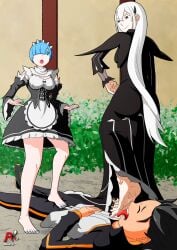 1boy 2girls arlioth barefoot black_dress denki_anma dominant_female echidna_(re:zero) femdom foot_domination foot_fetish foot_lick foot_on_crotch foot_on_penis foot_worship footjob footjob_over_clothes maid maid_outfit maid_uniform natsuki_subaru oni oni_female re:zero_kara_hajimeru_isekai_seikatsu rem_(re:zero) standing standing_footjob stepped_on stepping_on_penis submissive_male teamwork trample trampling