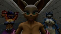 3d 3d_(artwork) 3d_model 3girls anthro carmelita_fox crossover eastern_and_western_character female female_only furry krystal mobian mobian_(species) mobian_bat rouge_the_bat sega sly_cooper_(series) sonic_(series) sonic_adventure_2 sonic_the_hedgehog_(series) star_fox warfare_machine warfaremachine