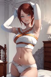 abdomen ai_generated arms_up bare_midriff bedroom blue_eyes blush happy lingerie midriff navel pixai princess_elise red_hair seductive_look seductive_smile short_hair sonic_(series) sonic_the_hedgehog_(series) white_lingerie