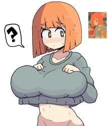 1girls advertisement big_breasts blush boobs ginger ginger_hair lifted_shirt light-skinned_female mcdonald's milf mom_(japanese_mcdonald's_commercial) mother no_pants notnoe_(dxcl) orange_hair question_mark reference_image shirt short_hair solo solo_female sweat sweaty_body white_background yoru_mac