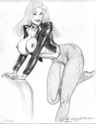 2005 big_breasts black_canary breasts breasts_out choker dc_comics erect_nipples female fishnet_stockings fishnets green_arrow_(series) jacket jacket_open julius_zimmerman nipples pussy see-through see-through_stockings