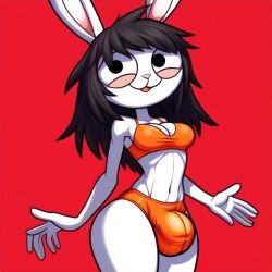 1futa ai_generated anthro black_hair breasts bulge bulge_through_clothing bunny bunny_boy frosting.ai furry futanari nervous nervous_expression nervous_smile orange_bikini orange_bra orange_underwear skinny solo thighs