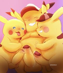 2023 3boys anthro balls belly blue_eyes closed_eyes clothing detective_pikachu detective_pikachu_(series) dober erection gay generation_1_pokemon genitals group hat headgear headwear hi_res male male/male moobs nintendo nipples overweight overweight_male penis penis_size_difference pikachu pokemon pokemon_(species) puka_(pokemon) simple_background yellow_body