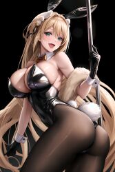 ai_generated alternate_costume animal_ears ass bare_shoulders blonde_hair blush breasts bunny_ears female fishnet_pantyhose from_behind gloves goddess_of_victory:_nikke green_eyes huge_ass large_breasts leotard long_hair looking_at_viewer oerba_yun_fang official_alternate_costume open_mouth pantyhose playboy_bunny pole_dancing ponytail rabbit_ears rabbit_tail rupee_(nikke) rupee_(rabbit_deluxe)_(nikke) shiny shiny_clothes shiny_hair shiny_skin sideboob smile solo tail thong thong_leotard very_long_hair