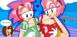 amy_rose between_breasts big_breasts classic_amy_rose cumshot double_paizuri giant_breasts giant_penis giantess huge_breasts looking_down oc sonic_(series) text