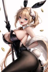 ai_generated alternate_costume animal_ears ass bare_shoulders blonde_hair blush breasts bunny_ears female fishnet_pantyhose from_behind gloves goddess_of_victory:_nikke green_eyes huge_ass large_breasts leotard long_hair looking_at_viewer oerba_yun_fang official_alternate_costume open_mouth pantyhose playboy_bunny pole_dancing ponytail rabbit_ears rabbit_tail rupee_(nikke) rupee_(rabbit_deluxe)_(nikke) shiny shiny_clothes shiny_hair shiny_skin sideboob smile solo tail thong thong_leotard very_long_hair