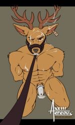 abs aereous amber_eyes anthro antlers balls beastars black_nose bodily_fluids bondage brown_body brown_fur chastity_cage chastity_device closed_eyes collar collar_pull cum cum_in_mouth cum_inside cum_on_chastity_cage cum_on_chest cum_on_ear cum_on_face deer digital_drawing_(artwork) digital_media_(artwork) digital_painting_(artwork) ear_piercing fur genital_fluids genitals hi_res horn looking_at_viewer looking_up louis_(beastars) male mammal muscular muscular_anthro muscular_arms muscular_legs muscular_male muzzle_(object) nipples notched_ear nude piercing pink_nipples semen_on_body simple_background sitting solo