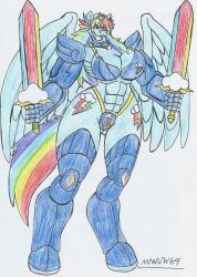 anthro big_breasts big_hips bikini_armor blue_fur female_knight female_only furry marlon64 muscular_female my_little_pony my_little_pony_friendship_is_magic pegasus rainbow_dash_(mlp) rainbow_hair swords swordswoman traditional_media_(artwork) winged_humanoid wings