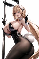 ai_generated alternate_costume animal_ears ass bare_shoulders blonde_hair blush breasts bunny_ears female fishnet_pantyhose from_behind gloves goddess_of_victory:_nikke green_eyes huge_ass large_breasts leotard long_hair looking_at_viewer oerba_yun_fang official_alternate_costume open_mouth pantyhose playboy_bunny pole_dancing ponytail rabbit_ears rabbit_tail rupee_(nikke) rupee_(rabbit_deluxe)_(nikke) shiny shiny_clothes shiny_hair shiny_skin sideboob smile solo tail thong thong_leotard very_long_hair