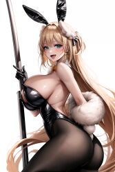 ai_generated alternate_costume animal_ears ass bare_shoulders blonde_hair blush breasts bunny_ears female fishnet_pantyhose from_behind gloves goddess_of_victory:_nikke green_eyes huge_ass large_breasts leotard long_hair looking_at_viewer oerba_yun_fang official_alternate_costume open_mouth pantyhose playboy_bunny pole_dancing ponytail rabbit_ears rabbit_tail rupee_(nikke) rupee_(rabbit_deluxe)_(nikke) shiny shiny_clothes shiny_hair shiny_skin sideboob smile solo tail thong thong_leotard very_long_hair