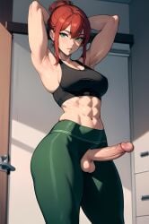 1futa abs ai_generated armpits balls black_bra black_sports_bra erection fit fit_futanari futa_only futanari ginger green_eyes green_legwear hands_behind_head penis red_hair redbisycle sideboob sports_bra thick_thighs yoga_pants