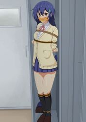 angry arms_tied_behind_back blue_hair bondage bound_ankles bound_legs brown_eyes date_a_live female gag gagged harusame in_locker itsuka_shiori looking_at_viewer tape_gag tears