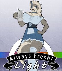 anthro beverage big_breasts blue_eyes breasts canine cleavage corset cum cum_on_thighs drmellbourne female fluffy_tail fur furry hair nipples skirt solo standing wolf