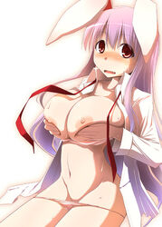 blush breasts cute_fang kemonomimi large_breasts long_hair navel necktie open_clothes open_shirt oppai purple_hair red_eyes reisen_udongein_inaba shirt touhou usamimi