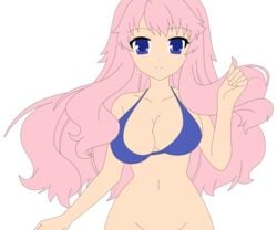 baka_to_test_to_shoukanjuu bikini blue_eyes bottomless breasts busty female hair_ornament hairclip highres himeji_mizuki legs long_hair navel photoshop pink_hair smile solo swimsuit thighs vector_trace