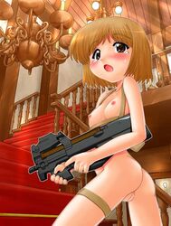 1girls artist_request ass blush casual female firearm gun gunslinger_girl hase_yuu henrietta_(gunslinger_girl) human p90 pale_skin pettanko rifle small_breasts tactical_nudity weapon