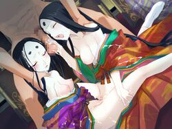 black_hair censored cg clothing cum fellatio hair handjob kimono medium_breasts oral rance_(series) sengoku_jidai sengoku_rance