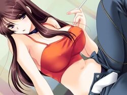 akiyama_sakuya armpits black_eyes breasts brown_hair cigarette crop_top fetish_2:_omote_no_kioku game_cg kinmedai_pink large_breasts long_hair navel oppai smoking tank_top