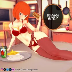 1girls 3d bangs bare_shoulders big_breasts blush bob_cut bra breasts burger cute dialogue double_entendre female female_focus female_only french_fries garter_belt garter_straps hamburger head_tilt holding_burger igneuzz igneuzz_set inviting light-skinned_female lingerie lingerie_only looking_at_viewer mcdonald's milf mom_(japanese_mcdonald's_commercial) mother no_sex non-nude on_table orange_hair reclining red_bra red_garter_belt red_garter_straps red_lingerie red_thong short_hair sitting sling_bikini smile smiling solo speech_bubble text thick_thighs thong yoru_mac