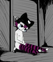 anthro asphyxiation bodily_fluids breasts clothing death domestic_cat door doorknob e254e emo felid feline felis female female_death footwear footwear_only hat hi_res mammal mostly_nude navel small_breasts snot socks socks_only solo suicide tears veronica_(e254e) wounded young