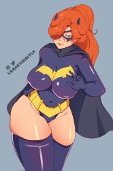 1girls 2021 2d artist_name barbara_gordon batgirl batman_(series) belt breasts cape clothed clothing dc dc_comics erect_nipples erect_nipples_under_clothes female female_only grey_background hand_on_hip light-skinned_female light_skin lunaexhabbitix nipple_bulge nipples nipples_visible_through_clothing one_eye_obstructed red_hair red_head skindentation solo solo_female superheroine thick_thighs thighhighs thighs tight_clothing utility_belt wide_hips