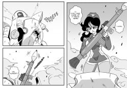 1girls big_breasts breasts dragon_ball funsexydragonball holding_object long_hair lunch_(dragon_ball) monochrome rocket_launcher sweat