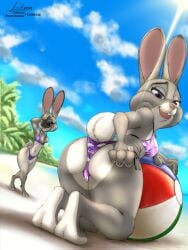 2023 4_fingers anthro ass bikini bonnie_hopps buckteeth camera clothing daughter digital_media_(artwork) disney duo feet female fingers fur grey_body grey_fur judy_hopps lagomorph leporid link6432 mammal mother mother_and_child mother_and_daughter pink_nose purple_eyes scut_tail short_tail smile swimwear tail thick_thighs wide_hips zootopia