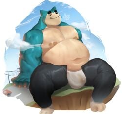 anthro belly blue_body bodily_fluids bottomwear bulge closed_eyes clothed clothing detailed_bulge eyes_always_closed full-length_portrait generation_1_pokemon hi_res huzzhuz macro male male_only musclegut muscular muscular_male nintendo nipples open_bottomwear open_clothing open_pants overweight overweight_male pants pecs pokemon pokemon_(species) portrait road sitting sky snorlax solo spread_legs spreading sweat translucent translucent_clothing translucent_underwear underbite underwear