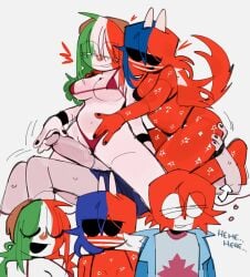 1boy 2girls ailewzol animal_ears bikini black_bikini black_bikini_bottom black_bikini_top black_panties canada_(countryhumans) countryhumans countryhumans_girl daydream facesitting female large_penis mexico_(countryhumans) mixed_hair_color multicolored_body multicolored_hair red_bikini red_bikini_bottom red_panties red_swimsuit sunglasses tagme tail threesome toony united_states_of_america_(countryhumans)