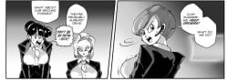 3girls android_18 big_breasts black_and_white breasts bulma_briefs bulma_briefs_(beginnings_of_dragon_ball_z) chichi comic dragon_ball dragon_ball_super dragon_ball_z earrings funsexydragonball looking_back monochrome short_hair suit sweatdrop tie