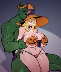 1boy 1girls big_breasts bikini blonde_hair blue_eyes female frankenstein's_monster green-skinned_male green_skin gwendolyn_(cliffpadfoot) halloween heterochromia huge_breasts izra joints light-skinned_female light_skin male mole mole_under_eye monster nude nude_male pumpkin_bikini red_eyes sitting sitting_on_lap smile very_high_resolution witch_hat